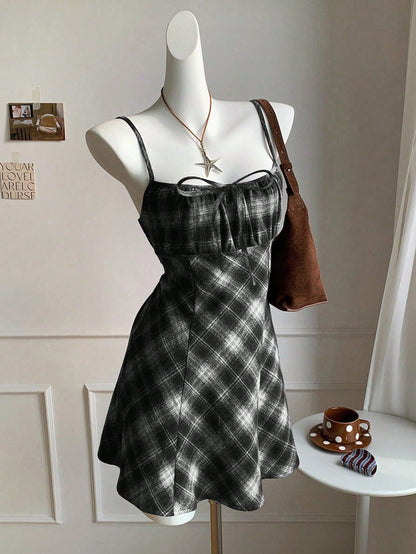 Comfortcana Women's Autumn/Winter Casual Plaid Suspender Mini Dress Square Neck Dress, Black And White Plaid Dress, Autumn Cottagecore Dress, Fall Clothing