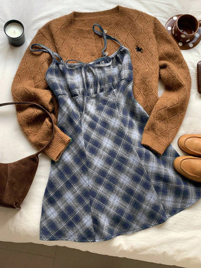 Comfortcana Women's Autumn/Winter Casual Plaid Suspender Mini Dress Square Neck Dress, Black And White Plaid Dress, Autumn Cottagecore Dress, Fall Clothing