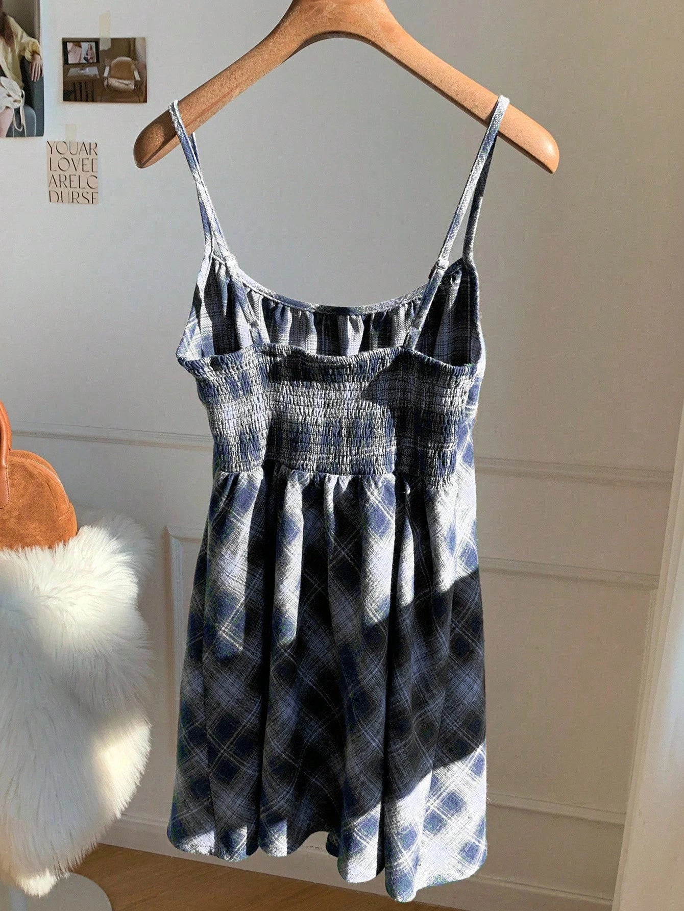 Comfortcana Women's Autumn/Winter Casual Plaid Suspender Mini Dress Square Neck Dress, Black And White Plaid Dress, Autumn Cottagecore Dress, Fall Clothing