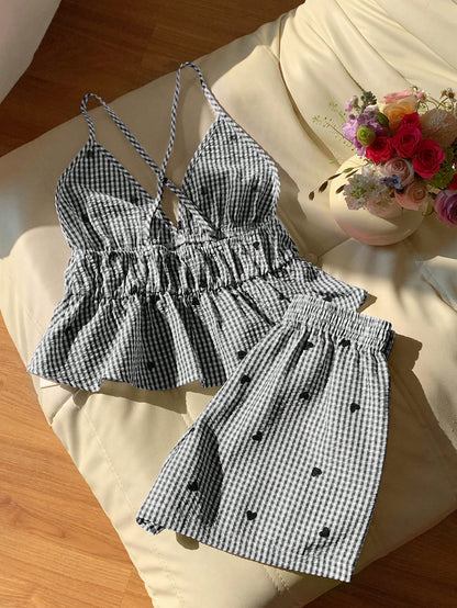 Comfortcana Women's Striped Heart Cami Top And Shorts Casual Set