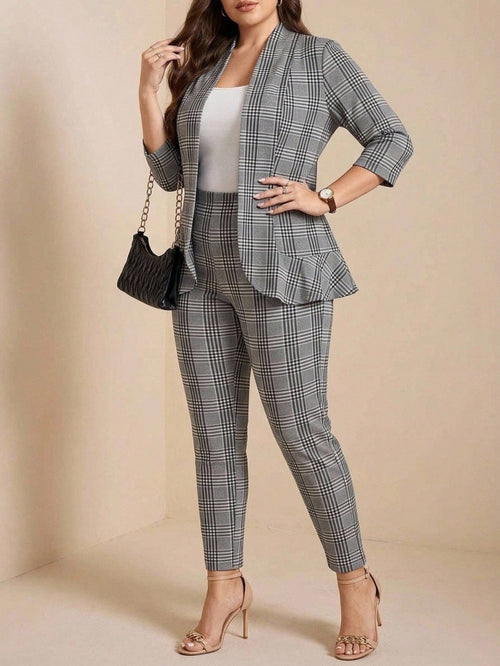 Comfylo Plus Size Women 2pcs Plaid Print Casual Workwear Suit Jacket And Pants Set, Autumn Winter Thanksgiving Outfit Holiday Outfit Fall