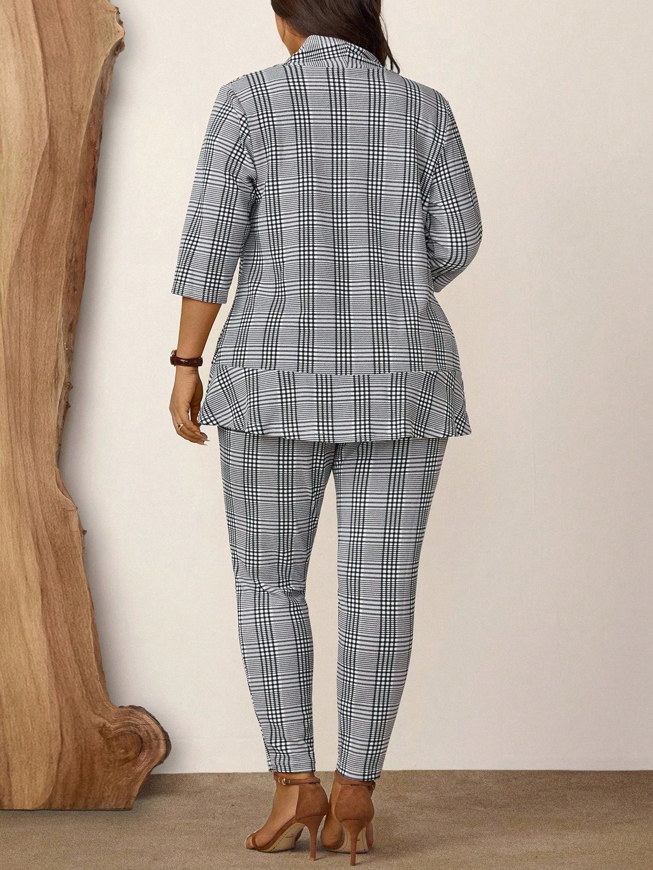Comfylo Plus Size Women 2pcs Plaid Print Casual Workwear Suit Jacket And Pants Set, Autumn Winter Thanksgiving Outfit Holiday Outfit Fall