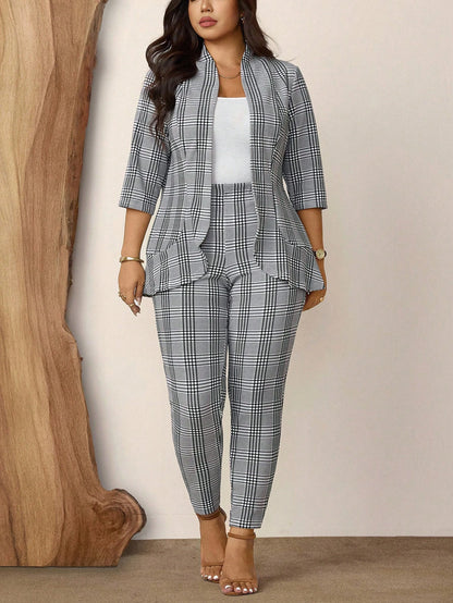 Comfylo Plus Size Women 2pcs Plaid Print Casual Workwear Suit Jacket And Pants Set, Autumn Winter Thanksgiving Outfit Holiday Outfit Fall