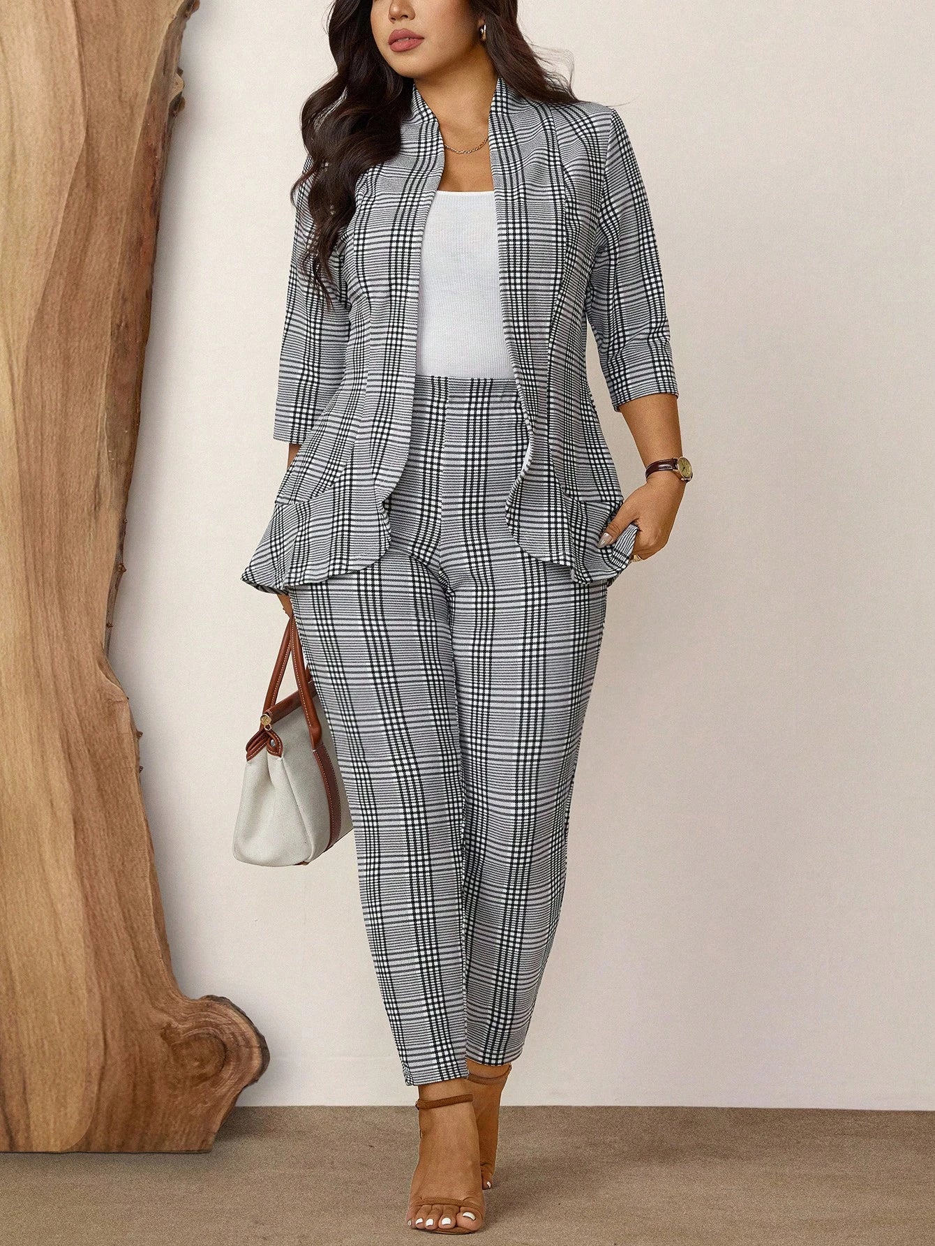 Comfylo Plus Size Women 2pcs Plaid Print Casual Workwear Suit Jacket And Pants Set, Autumn Winter Thanksgiving Outfit Holiday Outfit Fall