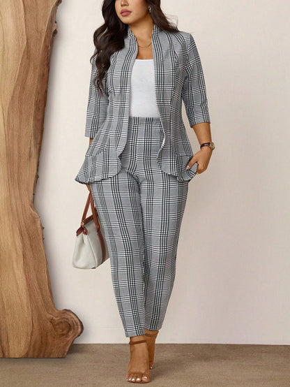 Comfylo Plus Size Women 2pcs Plaid Print Casual Workwear Suit Jacket And Pants Set, Autumn Winter Thanksgiving Outfit Holiday Outfit Fall