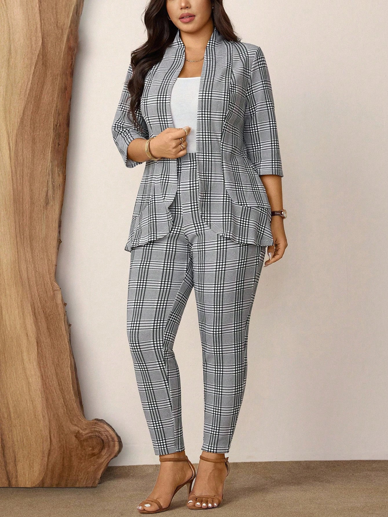 Comfylo Plus Size Women 2pcs Plaid Print Casual Workwear Suit Jacket And Pants Set, Autumn Winter Thanksgiving Outfit Holiday Outfit Fall