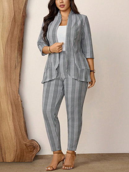 Comfylo Plus Size Women 2pcs Plaid Print Casual Workwear Suit Jacket And Pants Set, Autumn Winter Thanksgiving Outfit Holiday Outfit Fall