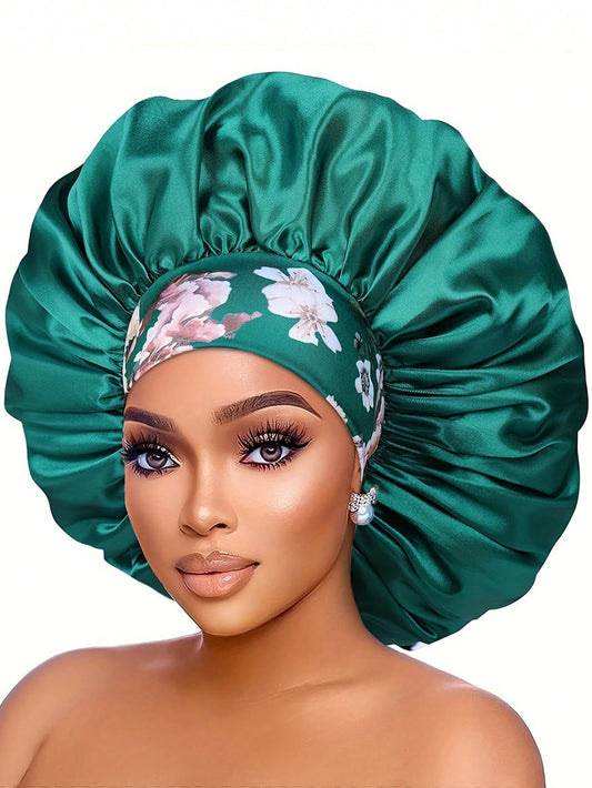 CONFLASS Women Black Floral Print Wide Elastic Band Satin Sleep Bonnet Head Wrap For Curly Braided Hair, Large Silky Satin Night Hair Cap For Daily Use