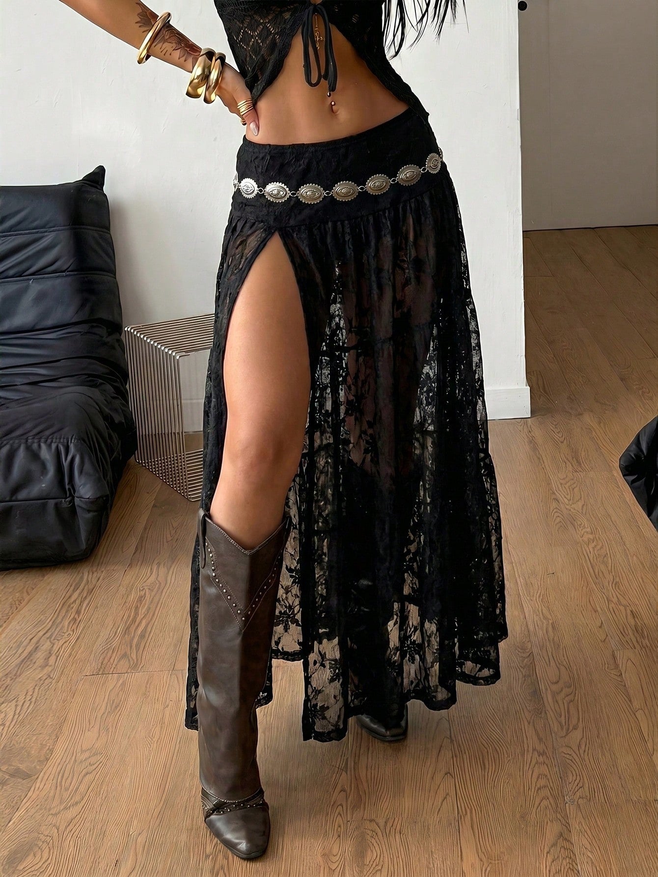 Coolane Women's Black Floral Summer Boho Vacation Casual Party Vintage Western Wear Minimalist Renaissance Fair Comfortable Patchwork Low Rise Long Skirts