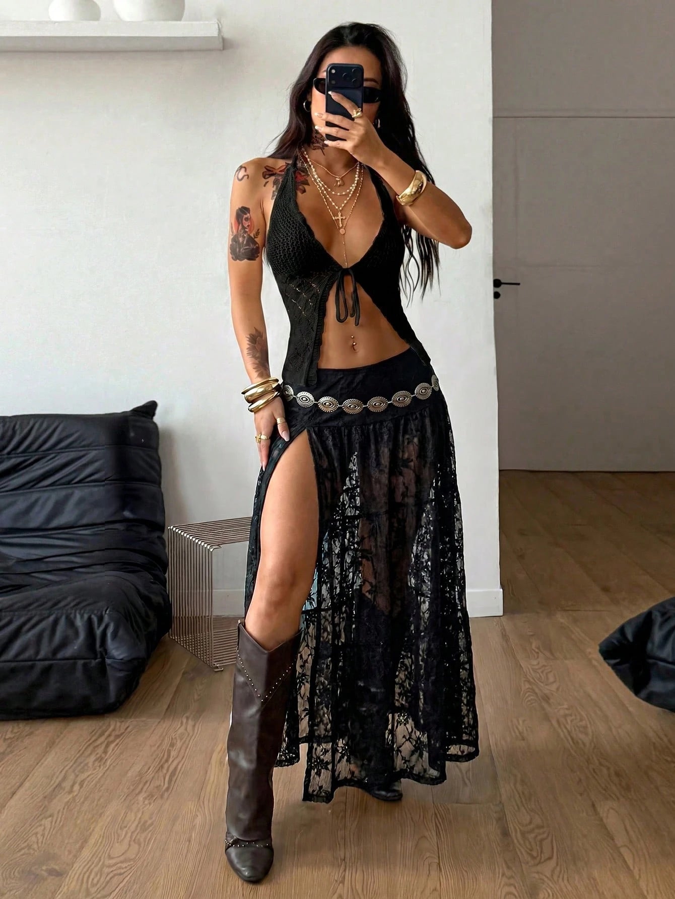 Coolane Women's Black Floral Summer Boho Vacation Casual Party Vintage Western Wear Minimalist Renaissance Fair Comfortable Patchwork Low Rise Long Skirts