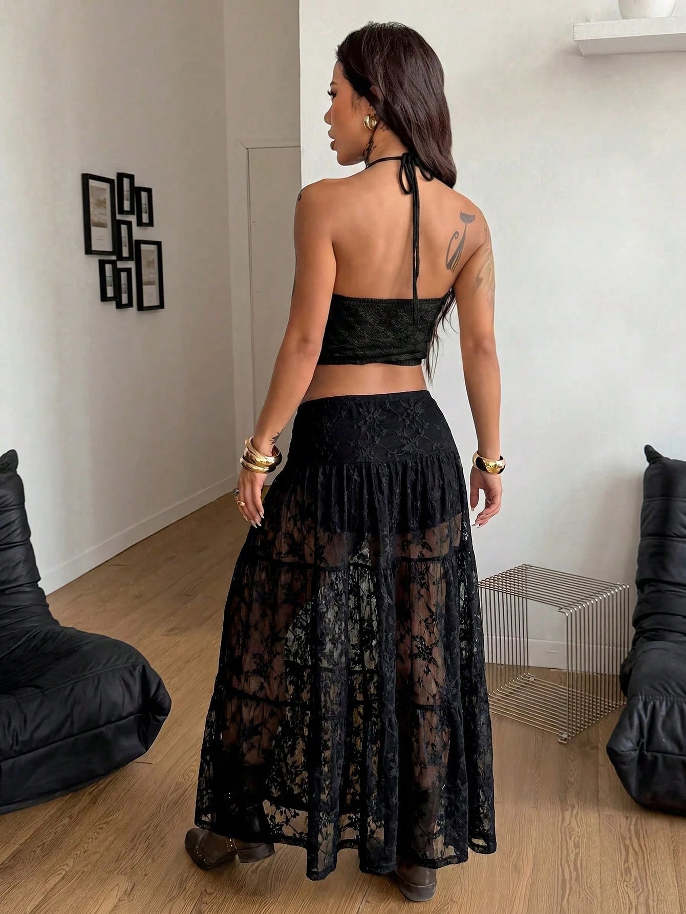 Coolane Women's Black Floral Summer Boho Vacation Casual Party Vintage Western Wear Minimalist Renaissance Fair Comfortable Patchwork Low Rise Long Skirts
