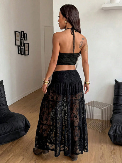 Coolane Women's Black Floral Summer Boho Vacation Casual Party Vintage Western Wear Minimalist Renaissance Fair Comfortable Patchwork Low Rise Long Skirts