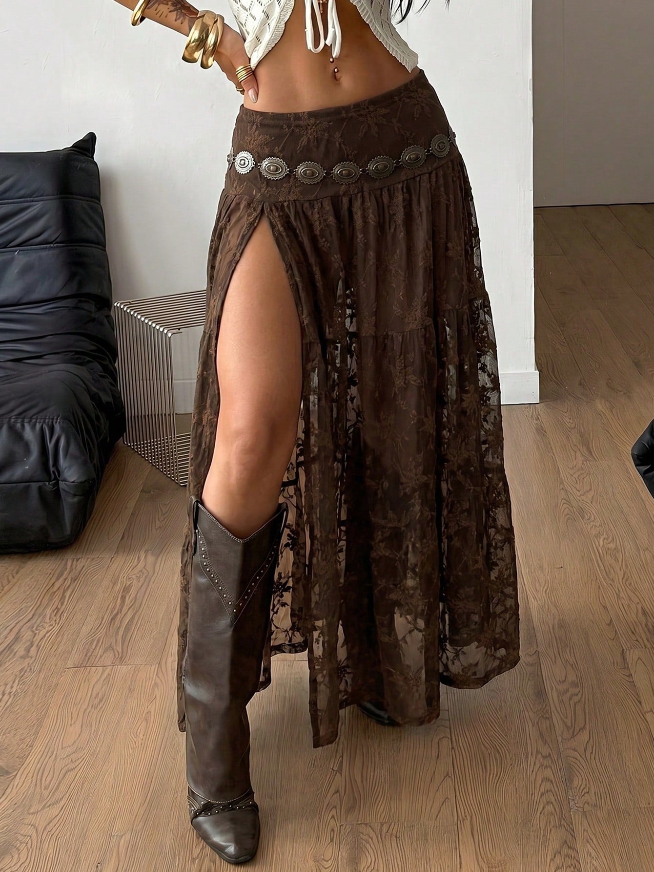 Coolane Women's Black Floral Summer Boho Vacation Casual Party Vintage Western Wear Minimalist Renaissance Fair Comfortable Patchwork Low Rise Long Skirts