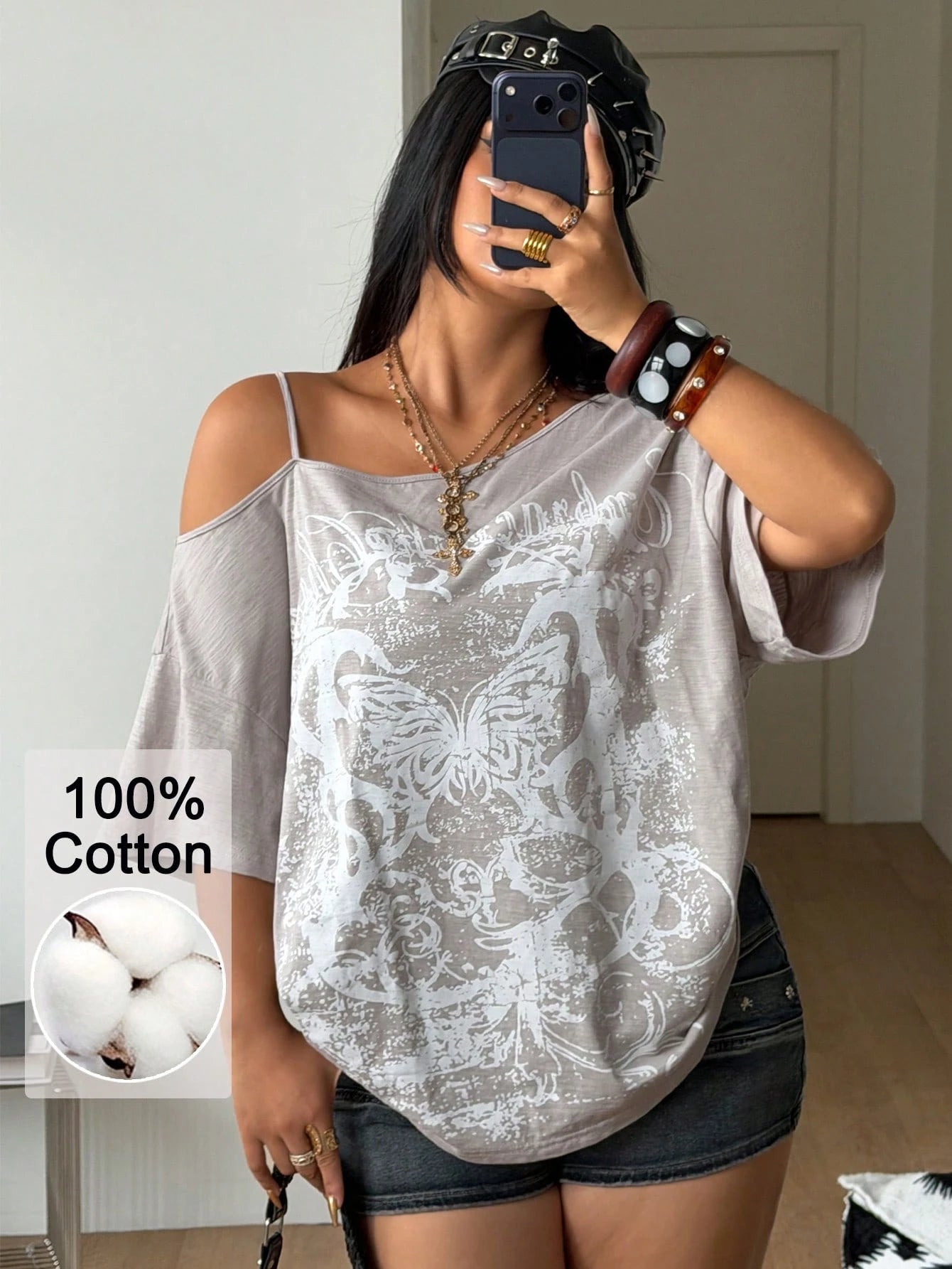 Coolane Women's Plus Size Summer Fall Y2K Vintage Streetwear Casual Graphic Pattern Comfy Cotton Asymmetrical Neck OverSize T-Shirt White Date Night