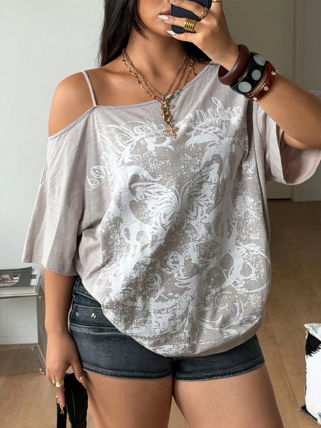 Coolane Women's Plus Size Summer Fall Y2K Vintage Streetwear Casual Graphic Pattern Comfy Cotton Asymmetrical Neck OverSize T-Shirt White Date Night