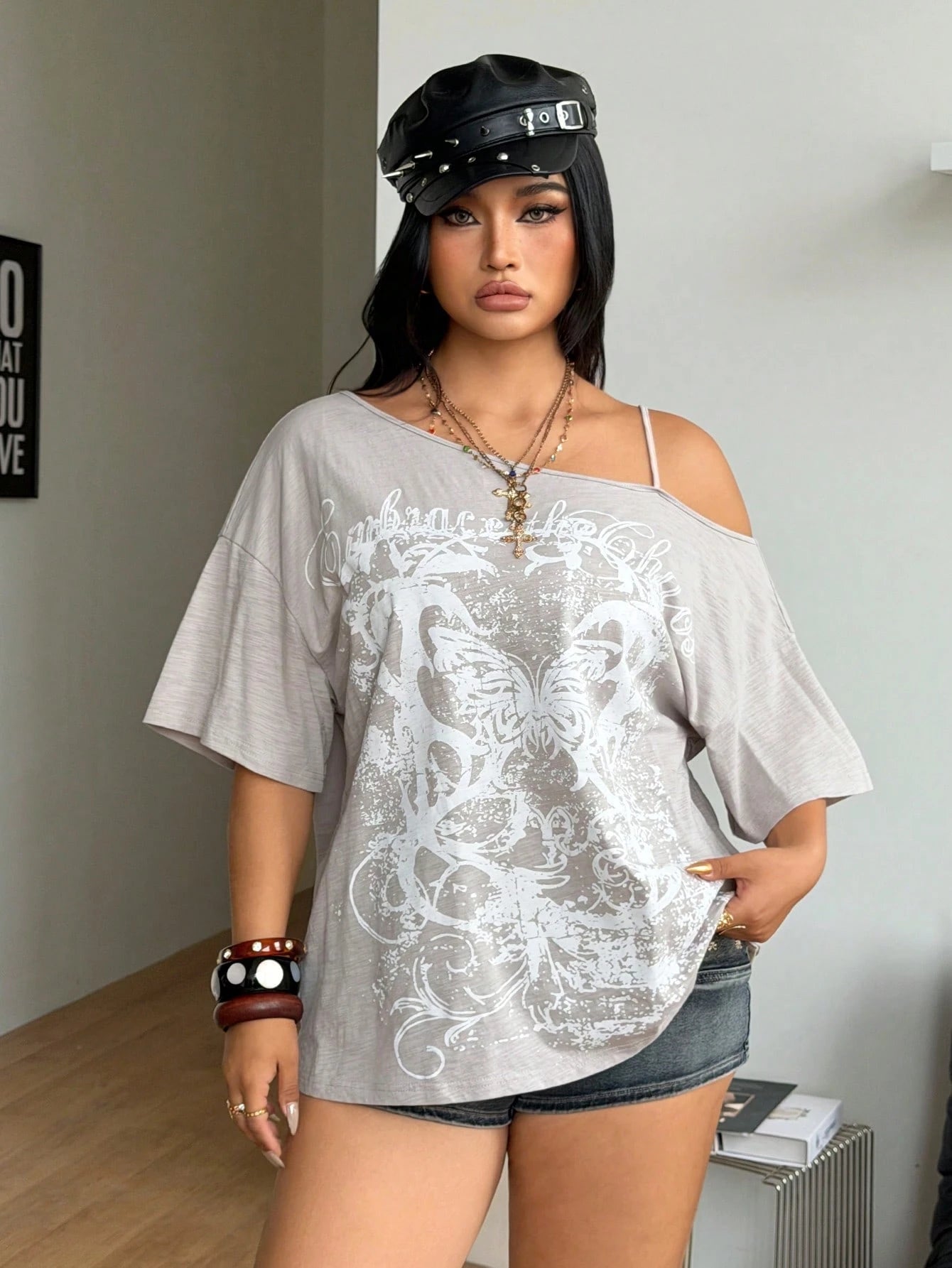 Coolane Women's Plus Size Summer Fall Y2K Vintage Streetwear Casual Graphic Pattern Comfy Cotton Asymmetrical Neck OverSize T-Shirt White Date Night