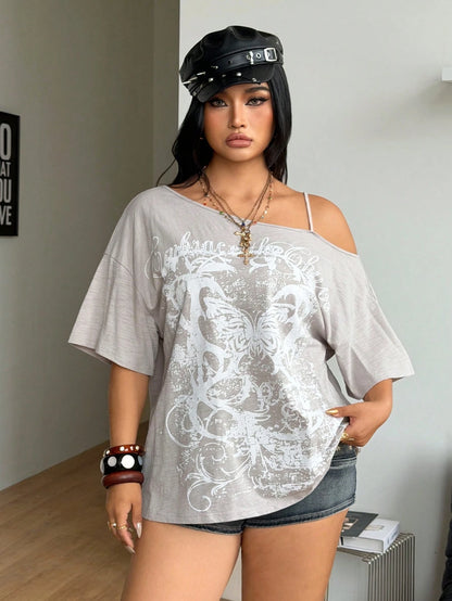 Coolane Women's Plus Size Summer Fall Y2K Vintage Streetwear Casual Graphic Pattern Comfy Cotton Asymmetrical Neck OverSize T-Shirt White Date Night