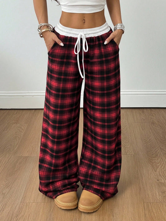 Coolane Women's Red And White Plaid Wide Leg Pants,Winter Casual Lounge Streetwear Vintage Color-Blocked Low Rise Loose Checked Patchwork Christmas New Years