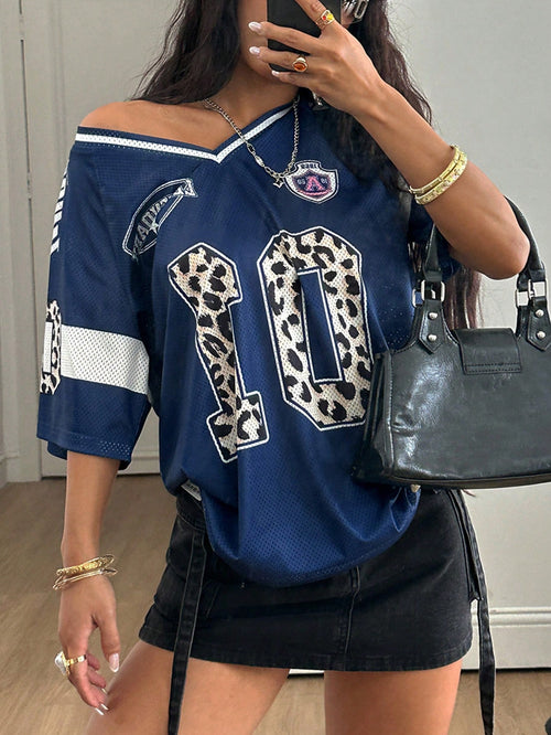 Coolane Women's Spring Summer Streetwear Y2K Leopard Print Number Graphic Football Jersey V-Neck Jersey T-Shirt