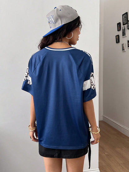 Coolane Women's Spring Summer Streetwear Y2K Leopard Print Number Graphic Football Jersey V-Neck Jersey T-Shirt