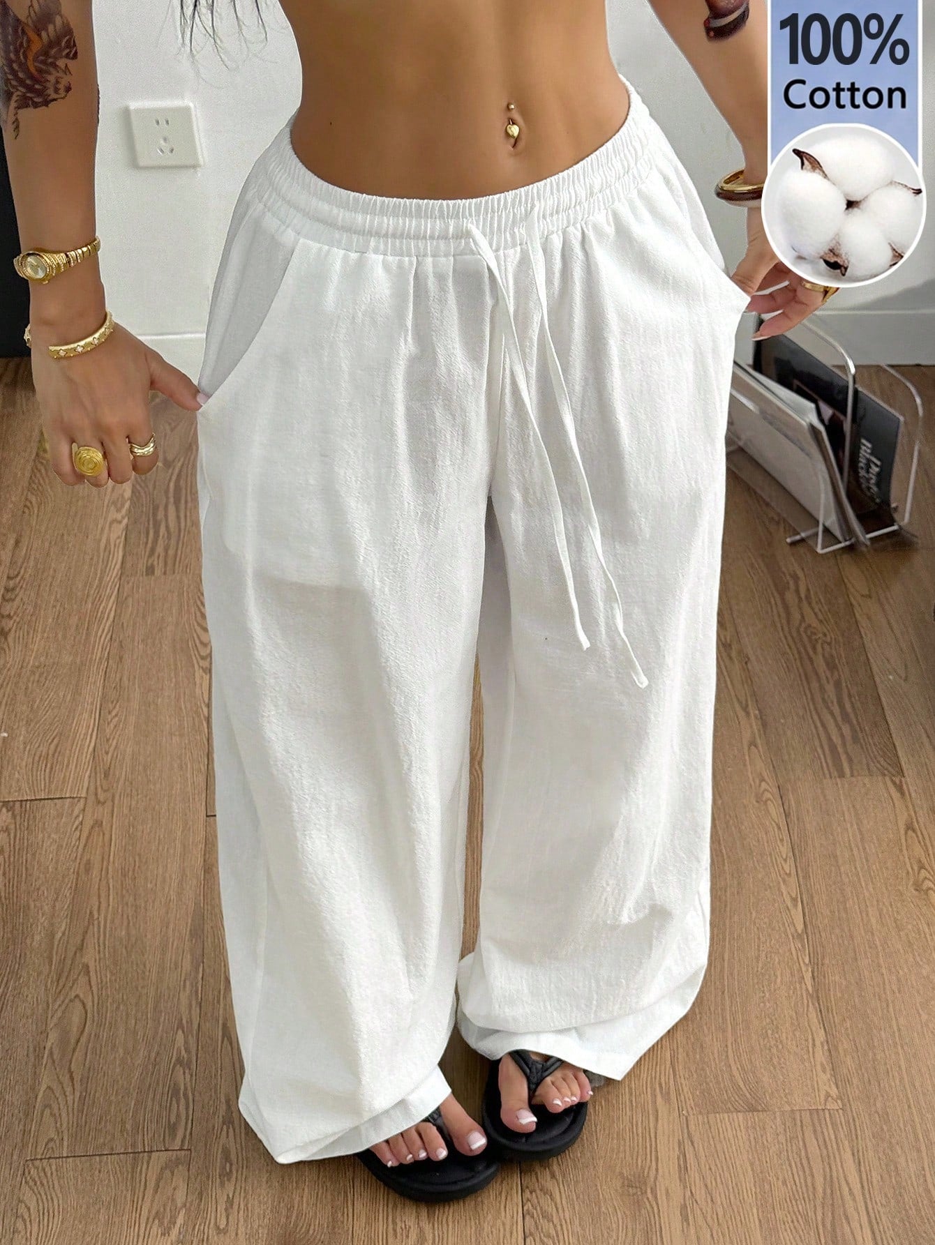 Coolane Women's Summer Country Concert Going Out Beach Boho Basic Minimalist Washed 100%Cotton White Pants Hem Pants,Fall
