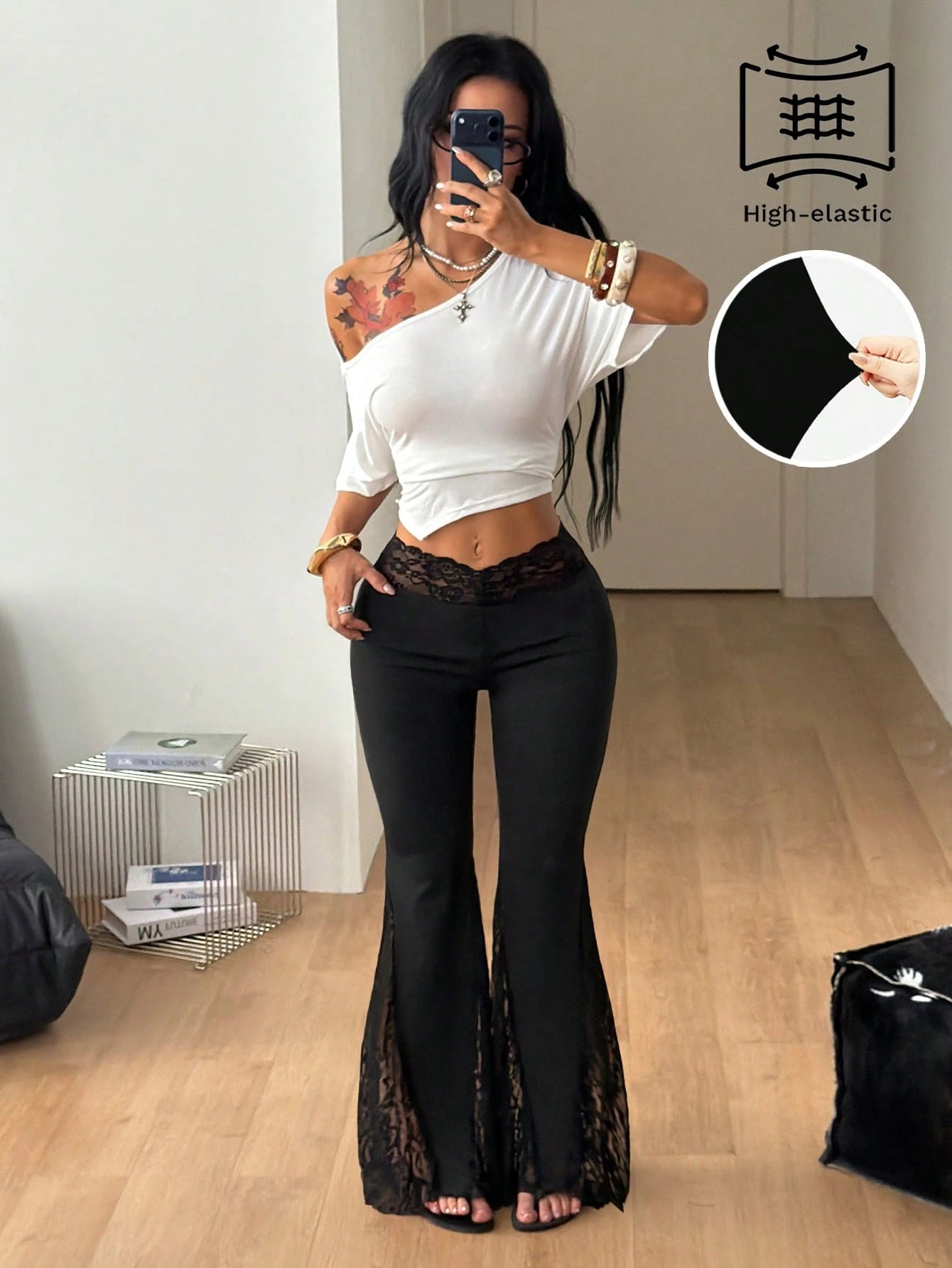 Coolane Women's Summer Party Streetwear Sexy Y2k Chic Vacation Country Concert Vintage Boho Stretchy Contrast Lace Black Low Rise Flare Pants Black Pants