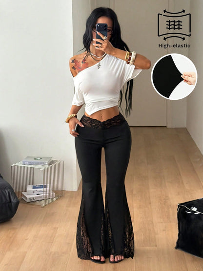 Coolane Women's Summer Party Streetwear Sexy Y2k Chic Vacation Country Concert Vintage Boho Stretchy Contrast Lace Black Low Rise Flare Pants Black Pants