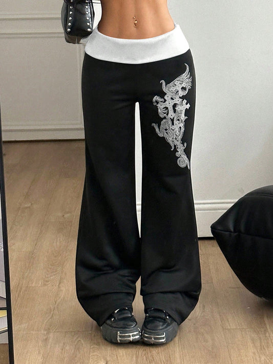 Coolane Women's Summer Trashy Y2k Black N White Grunge Graphics Stretchy Turn-Down Wide Leg Sweatpants,Vintage Goth Renaissance Festival Streetwear Date