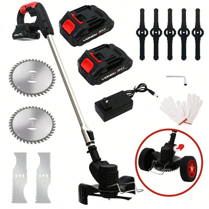 Cordless Weeds Eater Electric Brush Cutter Lawn Edger Grass String Trimmer 21V 650W Cordless Weedwacker Lawn Grass Edger Adjustable Handle String Trimmerw/Wheels + 2 * 1300mAh Battery,Garden Tools