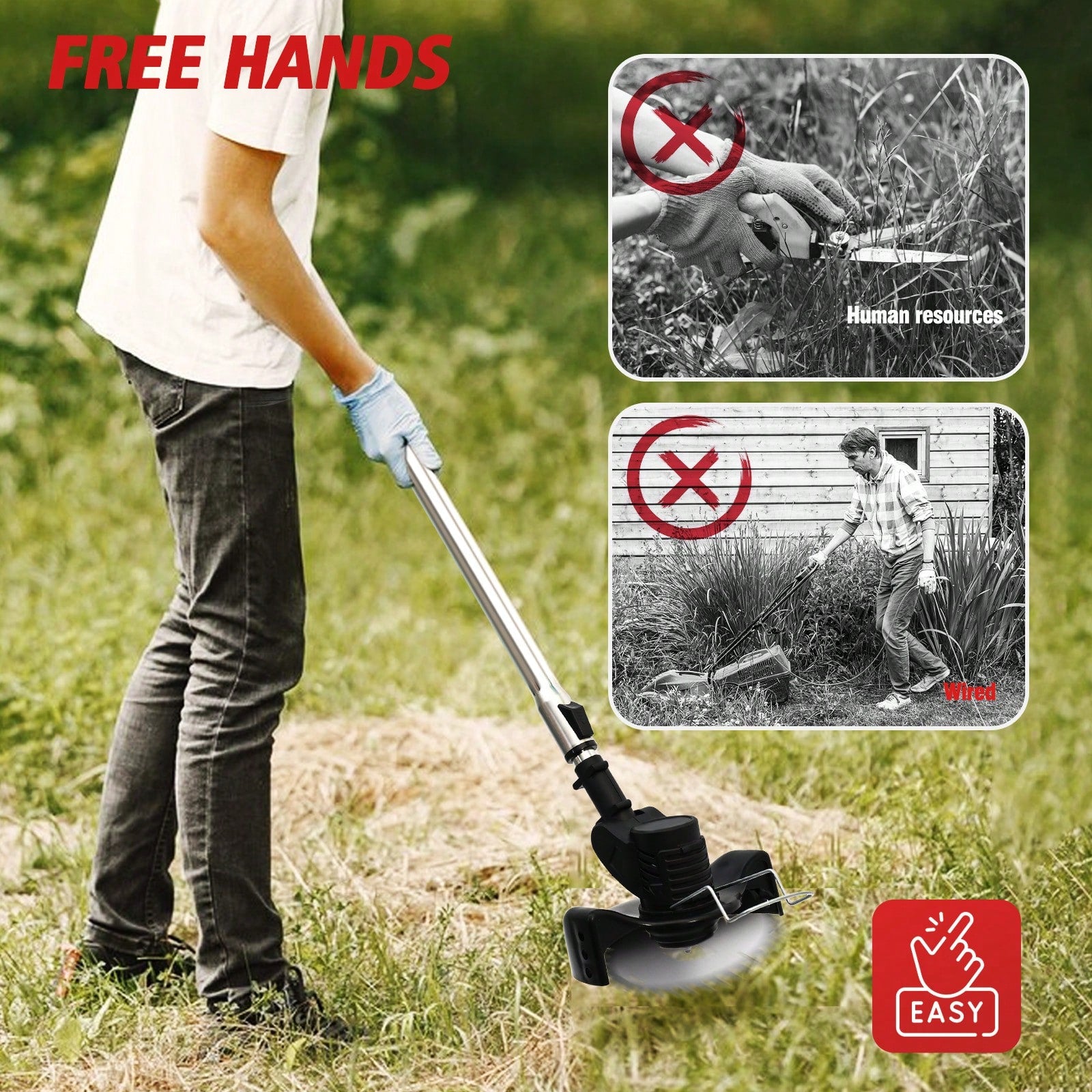 Cordless Weeds Eater Electric Brush Cutter Lawn Edger Grass String Trimmer 21V 650W Cordless Weedwacker Lawn Grass Edger Adjustable Handle String Trimmerw/Wheels + 2 * 1300mAh Battery,Garden Tools