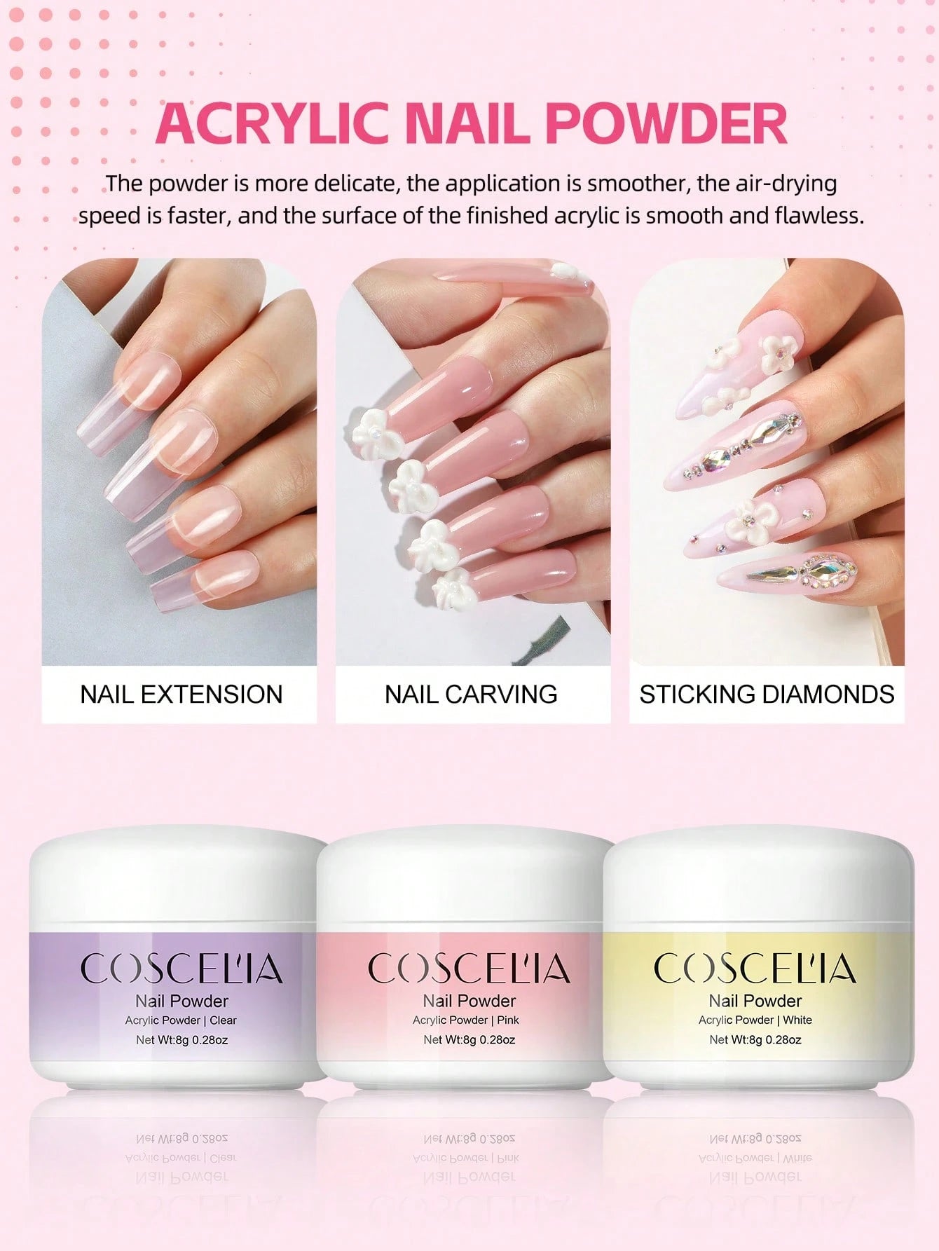 COSCELIA Acrylic Nail Kit Mini UV Lamp And Nail Drill 3 Acrylic Powders And 30ML Acrylic Liquid Top Coat Decoration Powder Nail Tips For Extension French Nail Summer Vacation Gift For Women