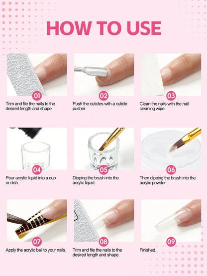 COSCELIA Acrylic Nail Kit Mini UV Lamp And Nail Drill 3 Acrylic Powders And 30ML Acrylic Liquid Top Coat Decoration Powder Nail Tips For Extension French Nail Summer Vacation Gift For Women