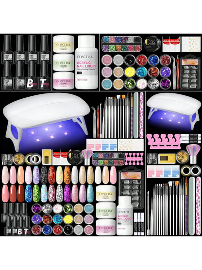 COSCELIA Acrylic Nail Kit With UV Lamp 3 Acrylic Powders White Nude Pink Glitter Powder 30ml Acrylic Liquid Base And Top Coat Tools DIY Nail Art Starter Set Summer Vacation Gift For Women