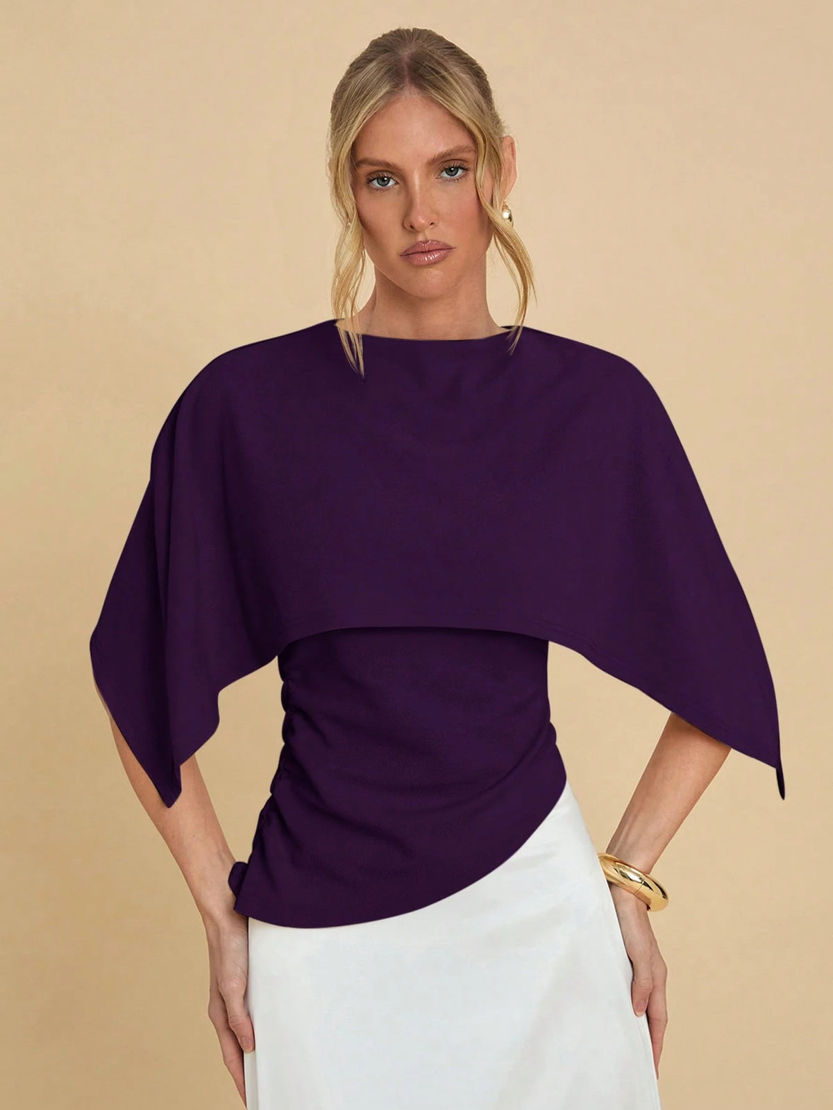 COSMINA Women's Summer Fashionable Solid Color Batwing Sleeve Fitted Blouse
