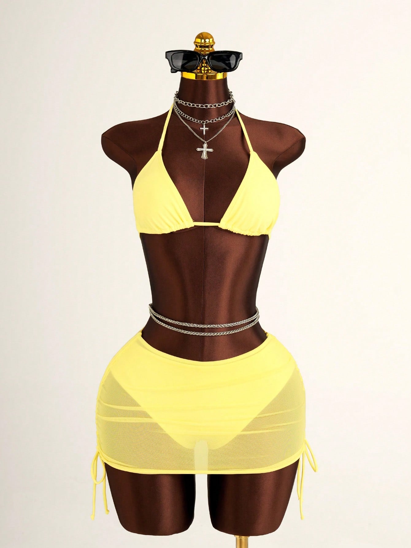 Costavie Women's 3 PiecesBikini Set With Mesh Skirt, Casual Beach Resort Swimwear, Fresh & Sexy, Spring/Summer, Light Yellow