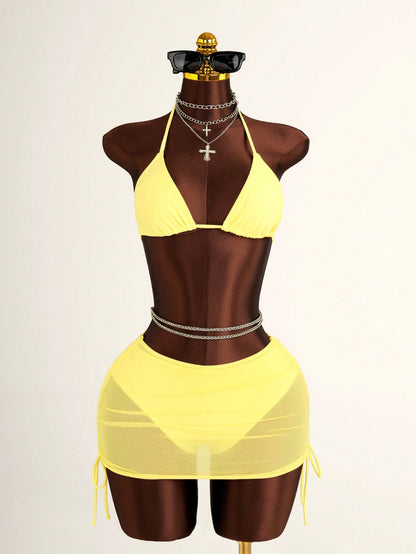 Costavie Women's 3 PiecesBikini Set With Mesh Skirt, Casual Beach Resort Swimwear, Fresh & Sexy, Spring/Summer, Light Yellow