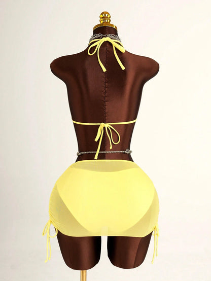 Costavie Women's 3 PiecesBikini Set With Mesh Skirt, Casual Beach Resort Swimwear, Fresh & Sexy, Spring/Summer, Light Yellow