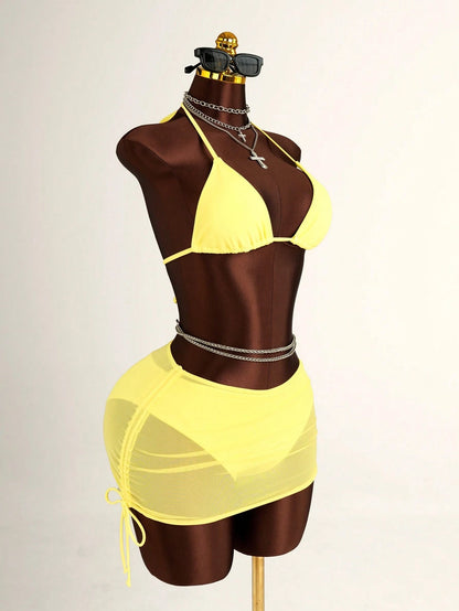 Costavie Women's 3 PiecesBikini Set With Mesh Skirt, Casual Beach Resort Swimwear, Fresh & Sexy, Spring/Summer, Light Yellow