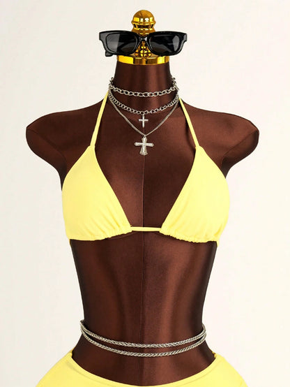 Costavie Women's 3 PiecesBikini Set With Mesh Skirt, Casual Beach Resort Swimwear, Fresh & Sexy, Spring/Summer, Light Yellow