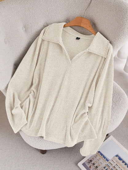 CosyJoli Plus Size Casual Lace Patchwork Polo Collar Ruched Side Seam Ribbed Texture Knit Pullover T-Shirt Formal Office Bussines Holiday Orange Autumn Fall