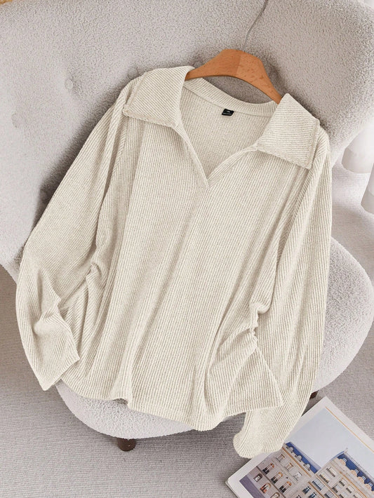 CosyJoli Plus Size Casual Lace Patchwork Polo Collar Ruched Side Seam Ribbed Texture Knit Pullover T-Shirt Formal Office Bussines Holiday Orange Autumn Fall