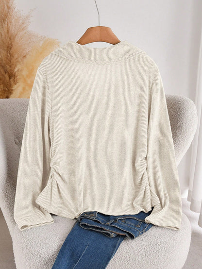 CosyJoli Plus Size Casual Lace Patchwork Polo Collar Ruched Side Seam Ribbed Texture Knit Pullover T-Shirt Formal Office Bussines Holiday Orange Autumn Fall