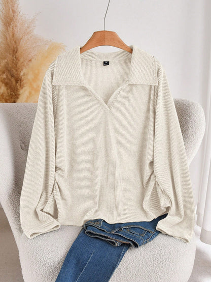 CosyJoli Plus Size Casual Lace Patchwork Polo Collar Ruched Side Seam Ribbed Texture Knit Pullover T-Shirt Formal Office Bussines Holiday Orange Autumn Fall