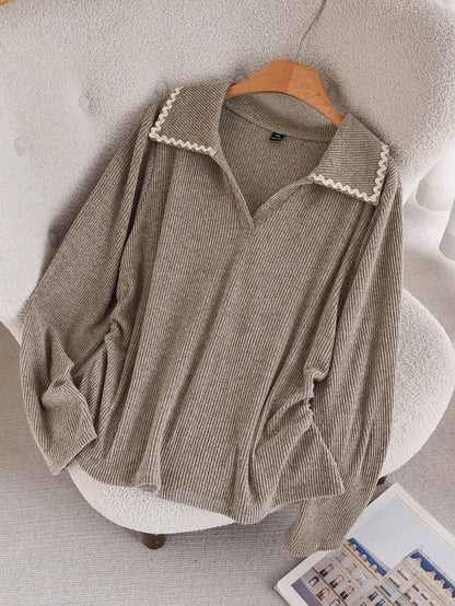 CosyJoli Plus Size Casual Lace Patchwork Polo Collar Ruched Side Seam Ribbed Texture Knit Pullover T-Shirt Formal Office Bussines Holiday Orange Autumn Fall