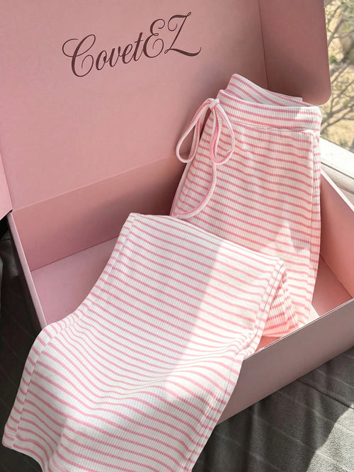 CovetEZ Women's Casual Pink Pants Summer Set, Pink Striped Set, Pink Striped Set, Loungewear, Women's Casual Wear, Summer
