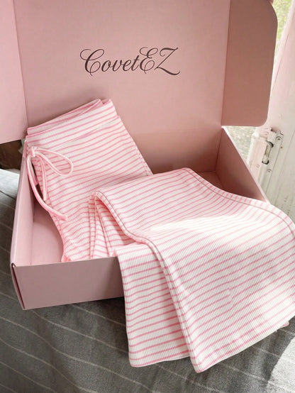 CovetEZ Women's Casual Pink Pants Summer Set, Pink Striped Set, Pink Striped Set, Loungewear, Women's Casual Wear, Summer