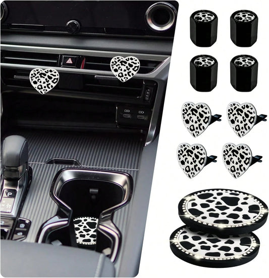 Cow Print Car Accessories Set For Women And Teen Girls U2013 Cute Tire Valve Stem Caps, Heart Air Vent Clips, Bling Car Coasters, Cute Interior Automotive Decor Gift For Female Drivers, Cow Car Decor