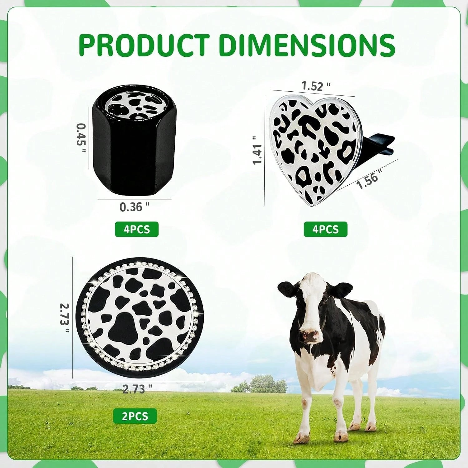 Cow Print Car Accessories Set For Women And Teen Girls U2013 Cute Tire Valve Stem Caps, Heart Air Vent Clips, Bling Car Coasters, Cute Interior Automotive Decor Gift For Female Drivers, Cow Car Decor