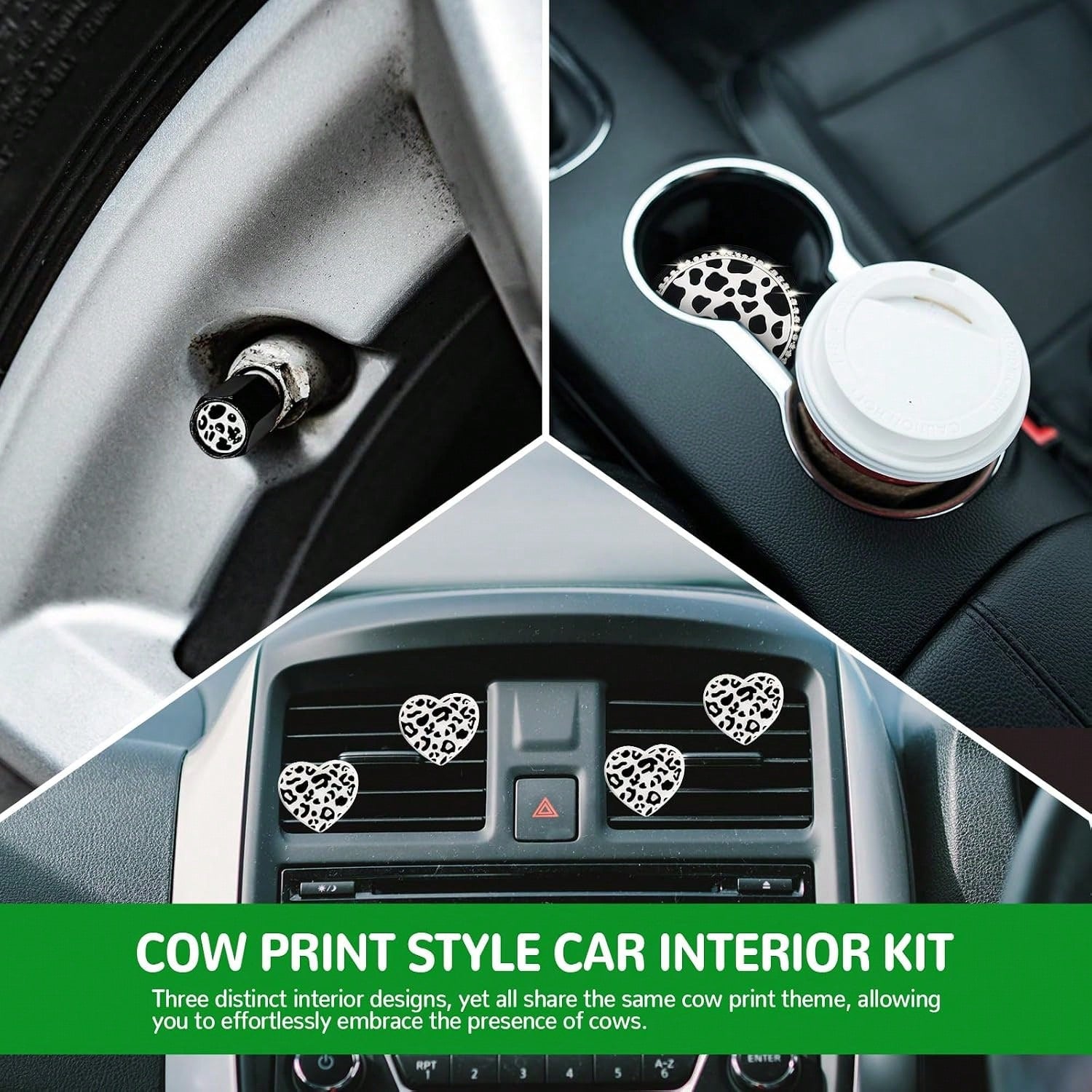 Cow Print Car Accessories Set For Women And Teen Girls U2013 Cute Tire Valve Stem Caps, Heart Air Vent Clips, Bling Car Coasters, Cute Interior Automotive Decor Gift For Female Drivers, Cow Car Decor
