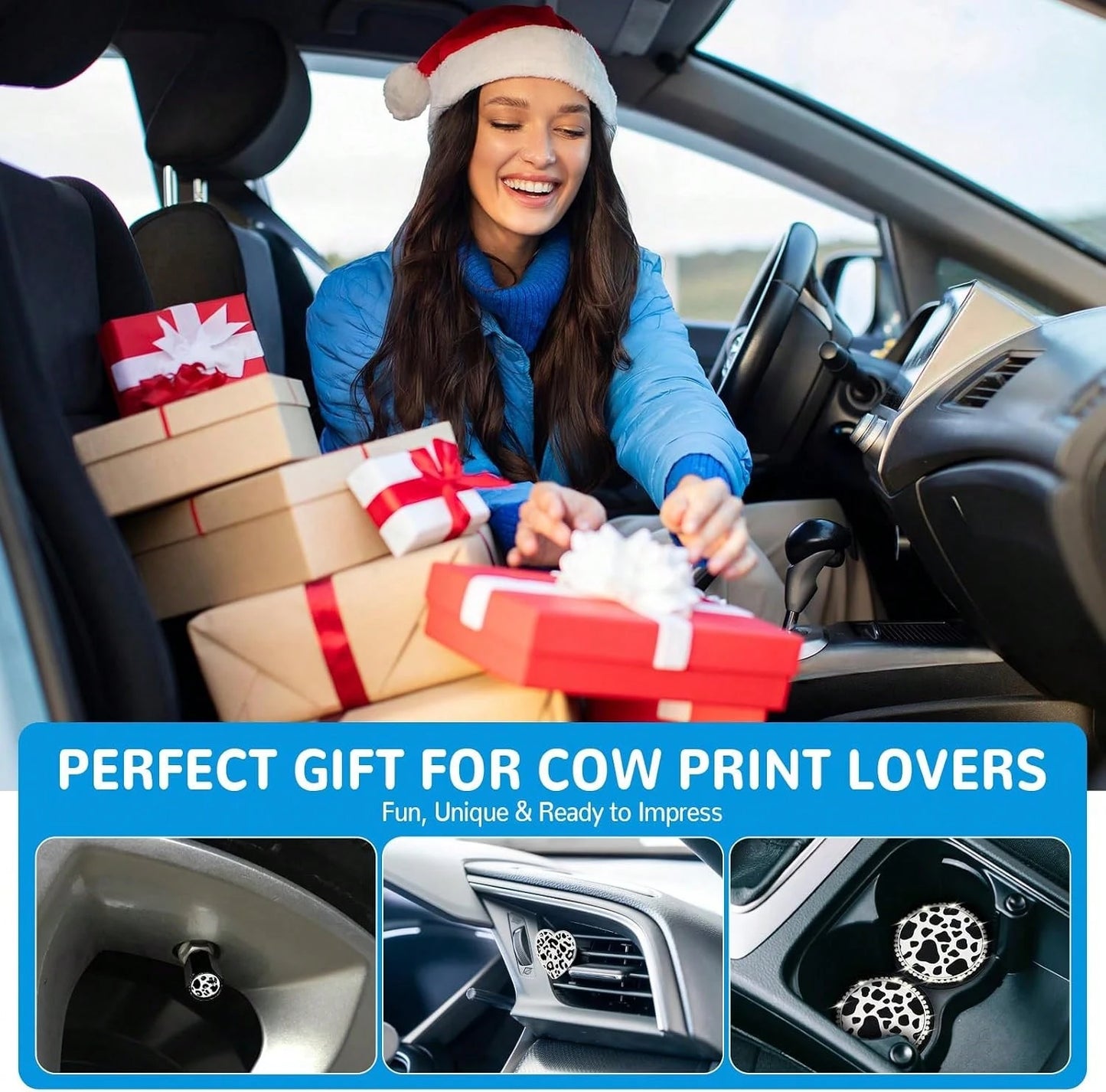 Cow Print Car Accessories Set For Women And Teen Girls U2013 Cute Tire Valve Stem Caps, Heart Air Vent Clips, Bling Car Coasters, Cute Interior Automotive Decor Gift For Female Drivers, Cow Car Decor
